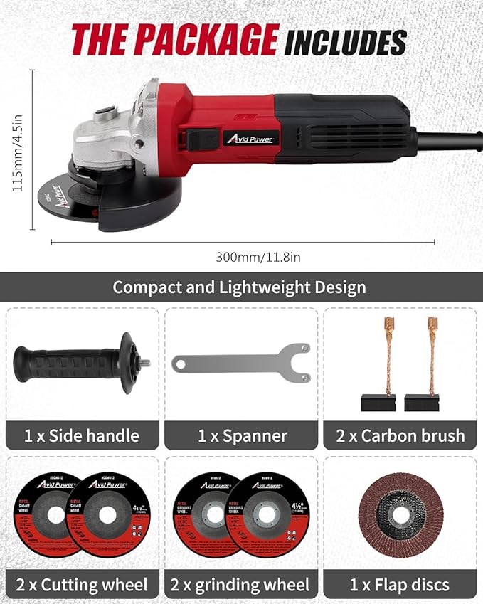 AVID POWER Angle Grinder 7.5-Amp 4-1/2 inch Electric Grinder Power Tools with Grinding Wheels, Cutting Wheels, Flap Disc and Auxiliary Handle for Cutting, Grinding, Polishing & Rust Removal - Dark Red