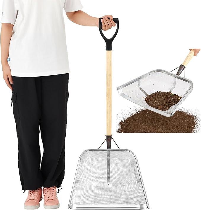 Leaking Soil Shovel Filter 0.08 Inch/ 2 mm Mesh 43.3''L Chicken Poop Scooper Stainless Steel Sieve Sifting Shovel with D Grip Wood Handle for Gardening Farm Chicken Coop Goat Stall