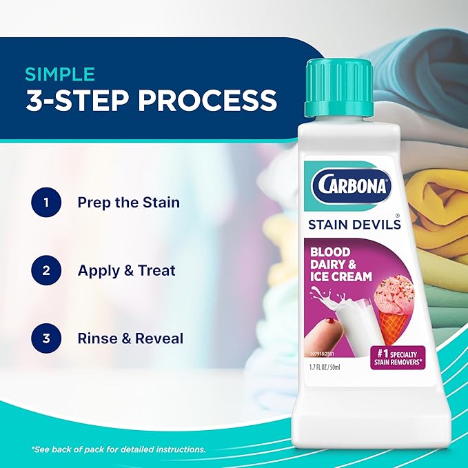 Carbona Stain Devils® #4 | Blood, Dairy & Ice Cream | Professional Strength Laundry Stain Remover | Multi-Fabric Cleaner | Safe On Skin & Washable Fabrics | 1.7 Fl Oz, 1 Pack