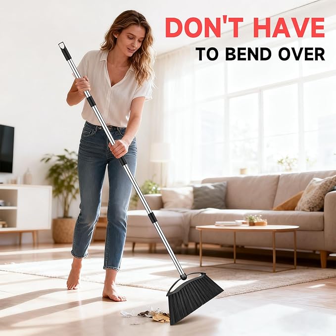 Heavy Duty Broom, 54-inch Adjustable Long Handle Angle Brooms Large Brooms for Sweeping Indoor and Outdoor Commercial Broom for Home Kitchen Patio Garage Porch Courtyard Classroom, Black