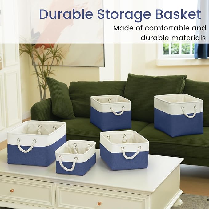 Large Storage Baskets- 15.7x11.8x8.26 inch Storage Bins for Shelves and Closet Organizing, Foldable Fabric Bin for Home Organization Clothes and Laundry (3-Pack, White&Blue)