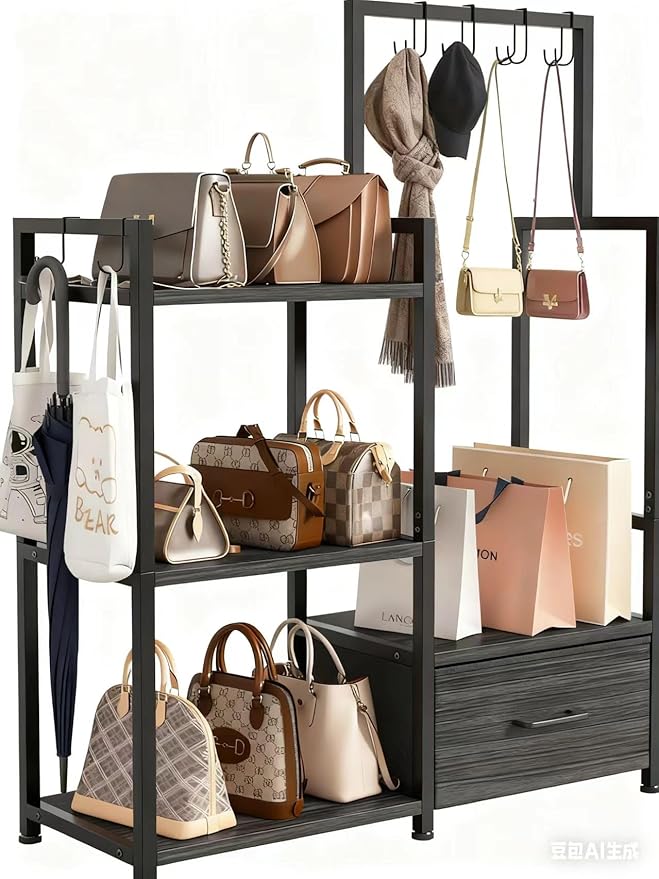 Industrial 4-Tier Storage Shelf with Drawer & Hanging Hooks - Metal & Wood Entryway Organizer Rack for Bedroom, Living Room - Freestanding Clothing Coat Rack with Multi-Level Shelves (Black)