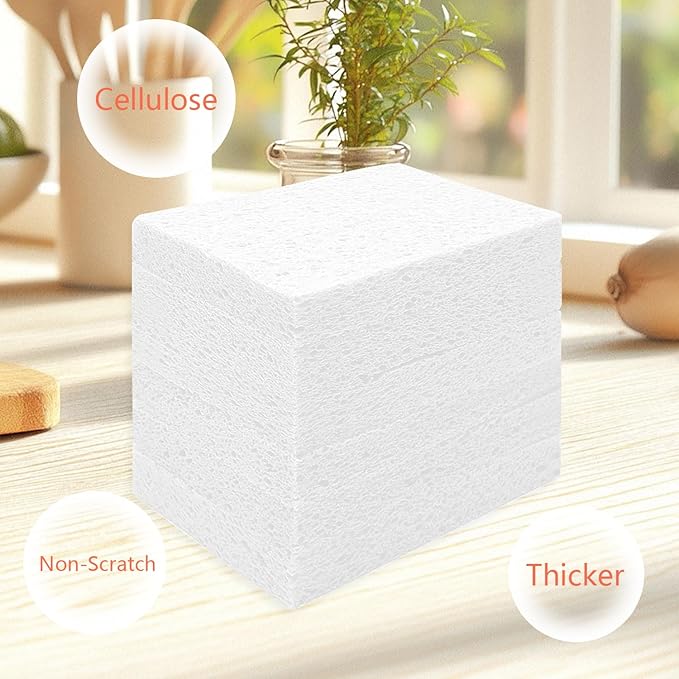 Cellulose Sponges, Large Size 4" x 6" x 1" - Heavy Duty Scrub Kitchen Sponge, Clean Tough Messes Without Scratching Kitchen Cleaning Pads, Pop Up Eco DIY (6 Pack), White