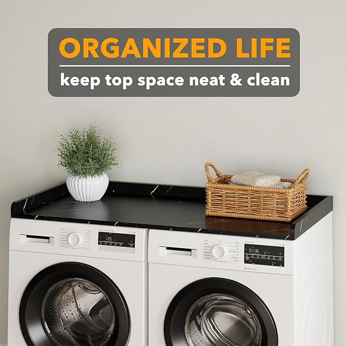 SpaceAid Washer Dryer Countertop, Laundry Wood Shelf Topper with Edge, 54" Width x 27.5" Depth Cover Guard Organizer for Washer and Dryer Laundry Hamper Counter Storage Organization (Black Marble)
