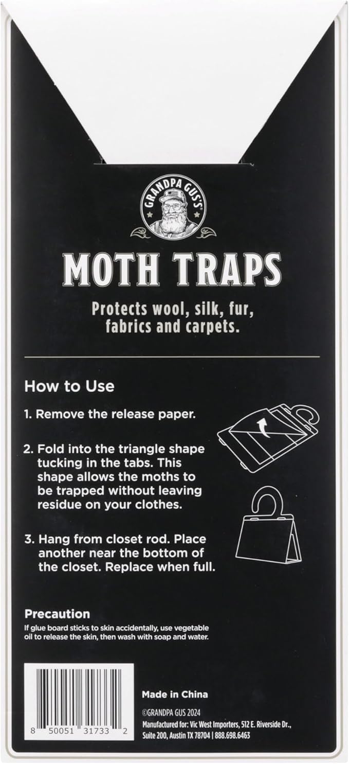 Grandpa Gus's Clothes Moth Traps, Potent Pheromone Sticky Glue Traps for Case-Making and Web Spinning Moths, Moths Repellent for Clothing, Closets & Carpets, Pack of 6