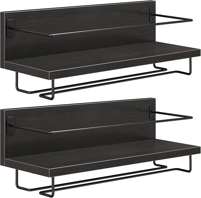 HOOBRO Wall Mounted Wine Rack 2 Pack, Wine Shelf Hanging Floating Wall Shelves, Wine Glass Bottle Rack Stemware Holder, for Living Room, Dining Room, Kitchen, Black BK28BJ01