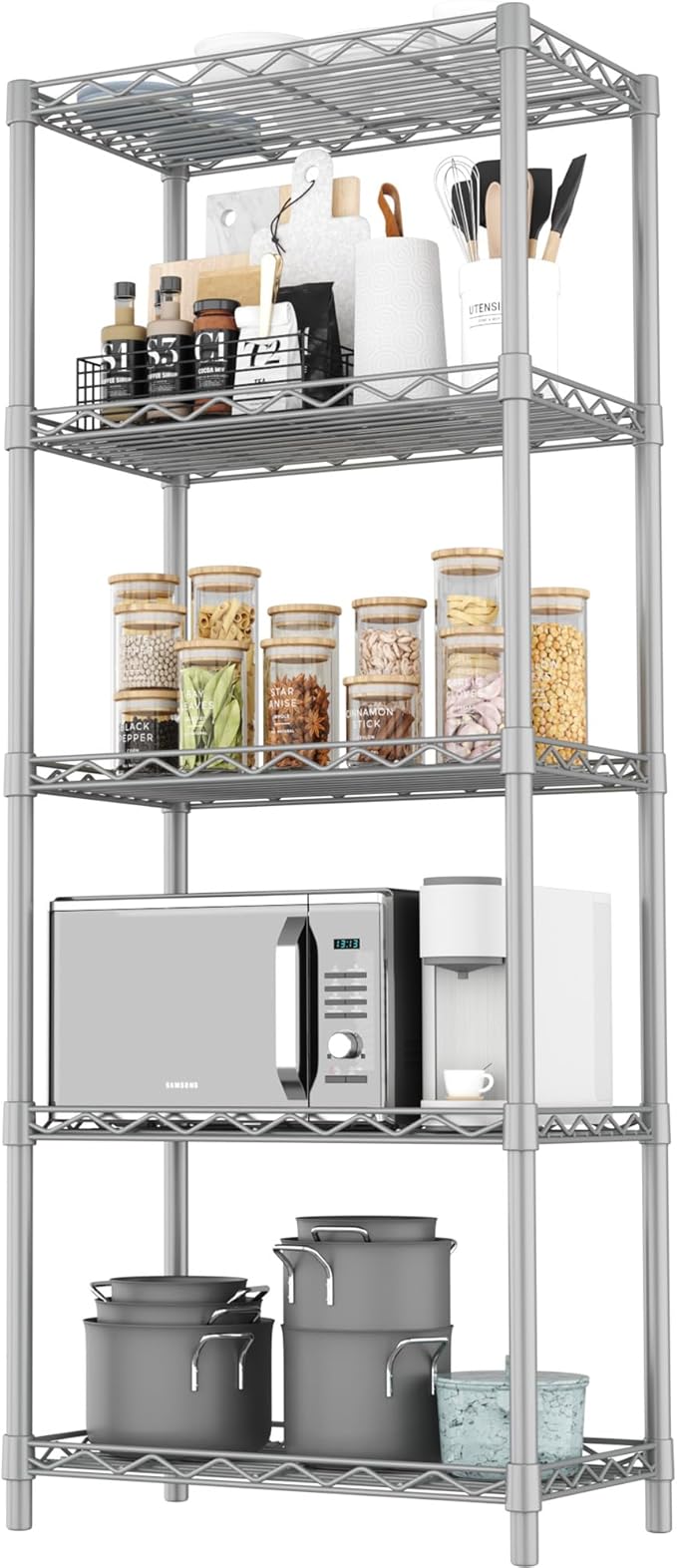 HOMEFORT 5-Tier Wire Shelving 5 Shelves Unit Metal Storage Rack Durable Organizer Perfect for Pantry Closet Kitchen Laundry Organization in Grey