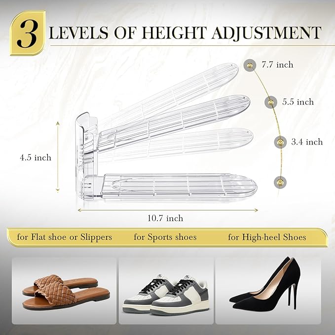 Shoe Slots Organizer 10 Pack - Shoe Stackers,3 Levels Adjustable,Space Savers 50%,Double Layer Holders for Closet (Transparent),Organizador de Zapatos