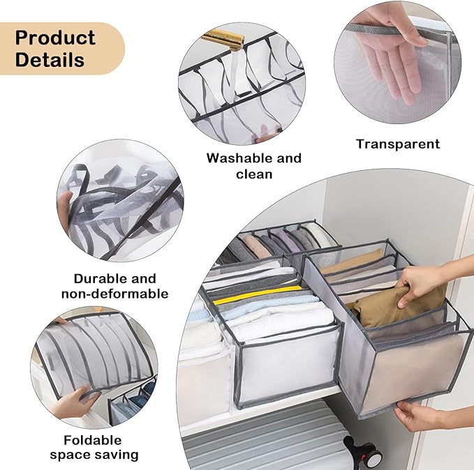 TIGARI Wardrobe Clothes Organizer, Small Underwear Organizer, Drawers Organizer for Clothes, Compartment Storage Box for Bedroom Dorm Room(Gray)
