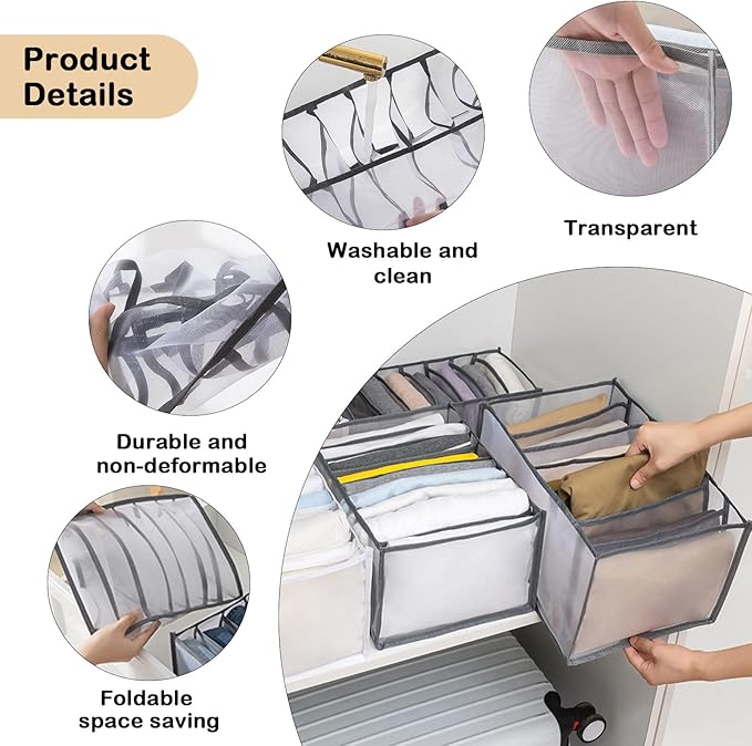 TIGARI Sock Wardrobe Clothes Organizer, Sock Organizer Drawer Divider, Foldable Drawer Compartment Storage for Socks (Gray)
