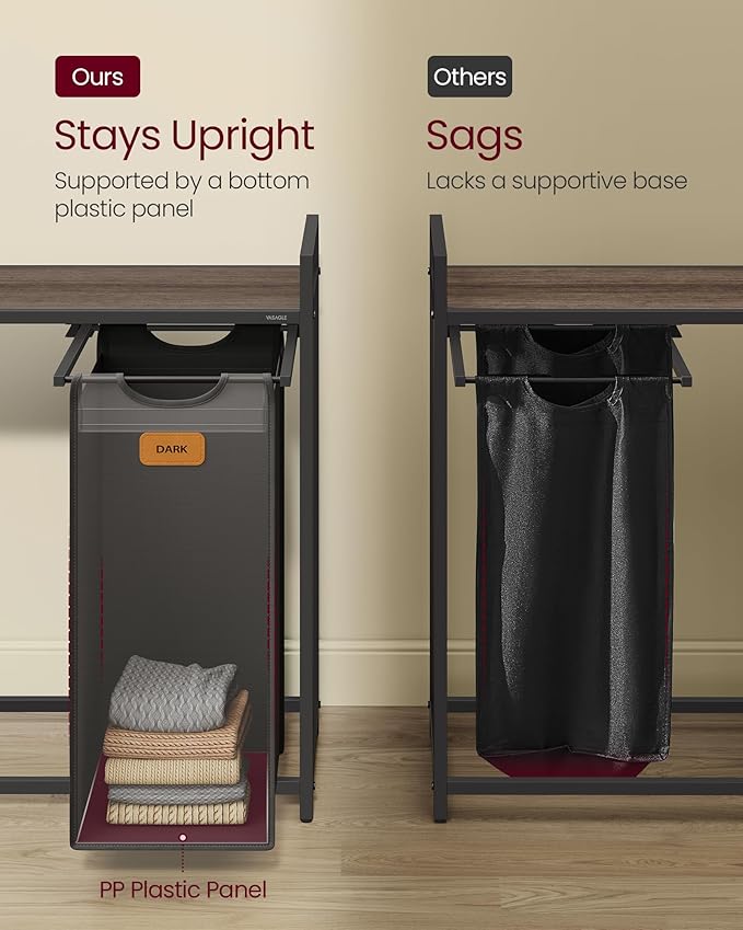 VASAGLE Laundry Hamper with 4 Compartments, 39.6 Gal. (150 L) Laundry Sorter, Rolling Laundry Cart with Shelves, Small Side Pockets, 6 Labels, Chestnut Brown, Ink Black and Dove Gray UBLH203B01