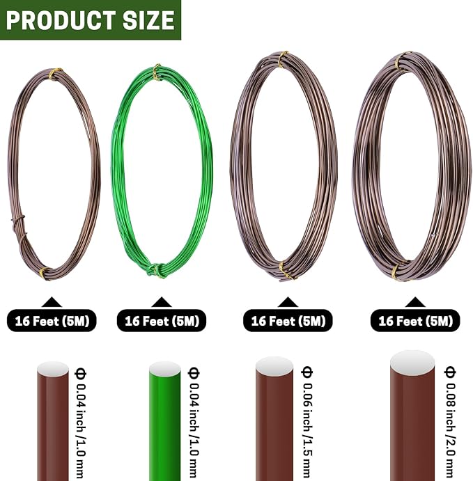 Bonsai Wire Kit, 4 Rolls Total 64Ft Aluminum Bonsai Training Wire Set for Indoor 1.0MM, 1.5MM, 2.0MM