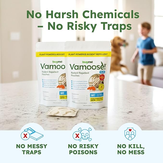 BugMD Vamoose Plus Peppermint Oil Mouse Repellent Pouches | Natural Mice Repellent Indoor & Rat Deterrent for House, Garage, RV, Car & Storage | Plant-Powered Rodent Control - 4 Pack - 16 Pouches