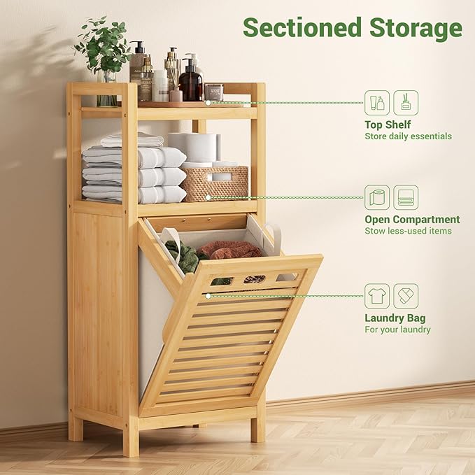 Homykic Tilt Out Laundry Hamper, 10 Gal Bamboo Laundry Storage Cabinet with Removable Basket, Hidden Hamper Organizer with Shelf for Dirty Clothes, Bathroom, Laundry Room, Space Saving, Natural
