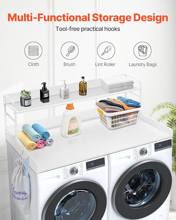 VEVOR Washer Dryer Countertop with 2-Tier Shelf, 54" x 27" Wooden Washer and Dryer Countertop with Anti-Slip Pads, Water-Resistant Laundry Topper Cover for Laundry Room Organization and Storage, White