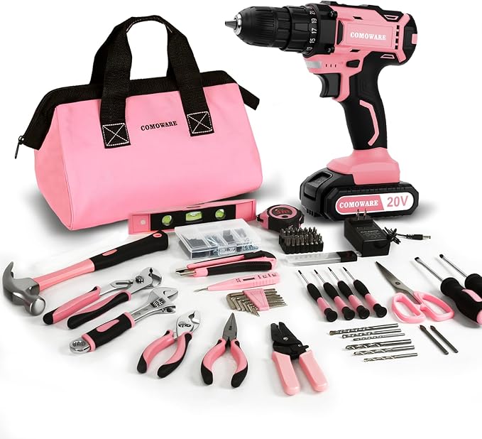 COMOWARE 20V Cordless Drill Set, 171Pcs Pink Home Tool Set with Cordless Drill Driver, Complete Repair Tool Kit for Women, Pink Storage Bag, Ideal for Office, Garden, DIY Project