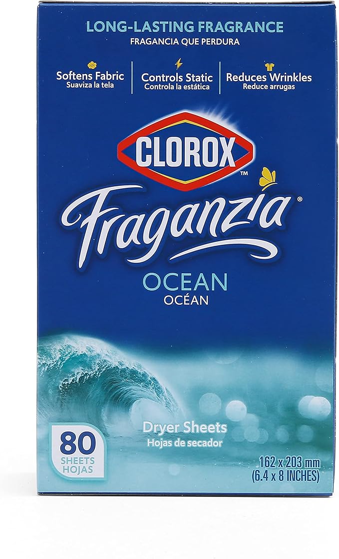 Clorox Fraganzia Fabric Softener Dryer Sheets, Wrinkle Reducing and Anti Static Laundry Dryer Sheets for Great Smelling Clothes, Softens Fabrics, Fresh Ocean Scent, 80 Count