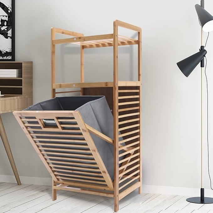 LOYALHEARTDY 37.4'' Tilt Out Laundry Hamper, 2-Tier Bamboo Laundry Hamper Cabinet Floor Stand Bathroom Storage Shelf Cabinet Clothes Organizer Laundry Shelf for Laundry Room Bathroom Bedroom