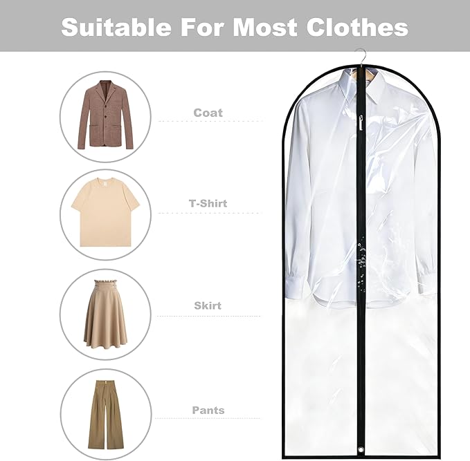 Dress Bags for Gowns Long, 65'' Garment Bags for Hanging Clothes, Suit Bag Cover for Storage and Travel, 2 Pack (Clear)
