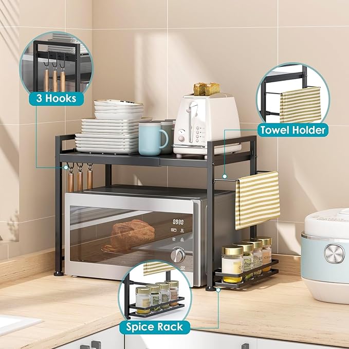 DOLALIKE Microwave Oven Rack, Expandable Microwave Stand Kitchen Countertop Organizer Utensils Storage, Carbon Steel Over Microwave Shelf with 3 Hooks (Black, 2 Tier- With Storage)