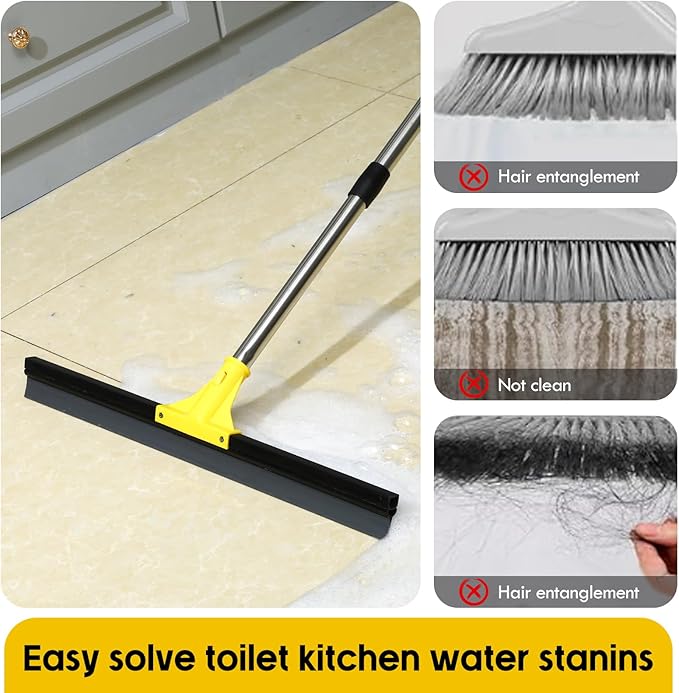 Floor Squeegee for Concrete and Tile Cleaning, 30'' Heavy Duty Rubber Wiper with 60'' Long Adjustable Handle Water Scraper for Bathroom Shower Glass Garage Glass Window(Yellow