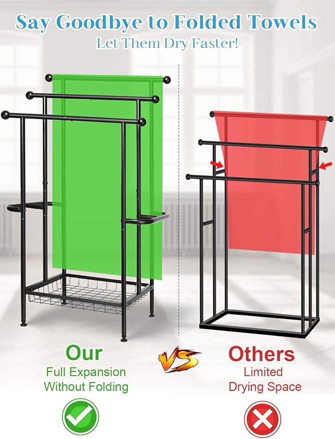 Haturi Free Standing Towel Rack for Bathroom, 3-Tier 39" H Black Metal Towel Drying Rack with Storage Basket, 24.4" L x 13" W x 39" H Rust-Resistant Outdoor Holder for Pool & Oversized Towels