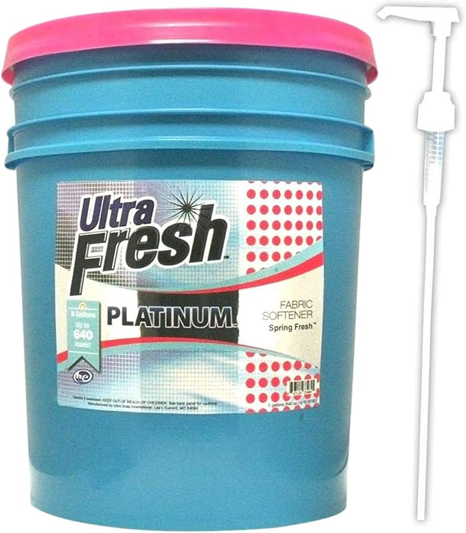 Ultra Fresh Platinum 5 Gallon Spring Fresh Scented Fabric Softener Liquid with Pump for Easy Dispensing for Up to 640 Laundry Loads (4 Pack)