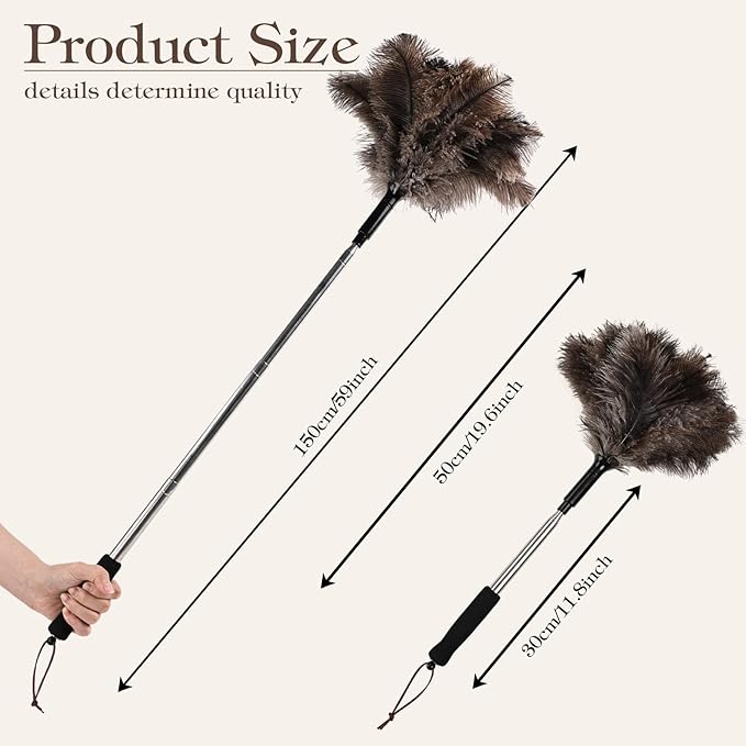 Telescopic Ostrich Feather Duster, 59-inch Naturally Fluffy Long-Handled Feather Duster, Soft, Durable and Reusable for Cleaning high Ceilings, Walls, Fans, Furniture and Blinds in The Home Office