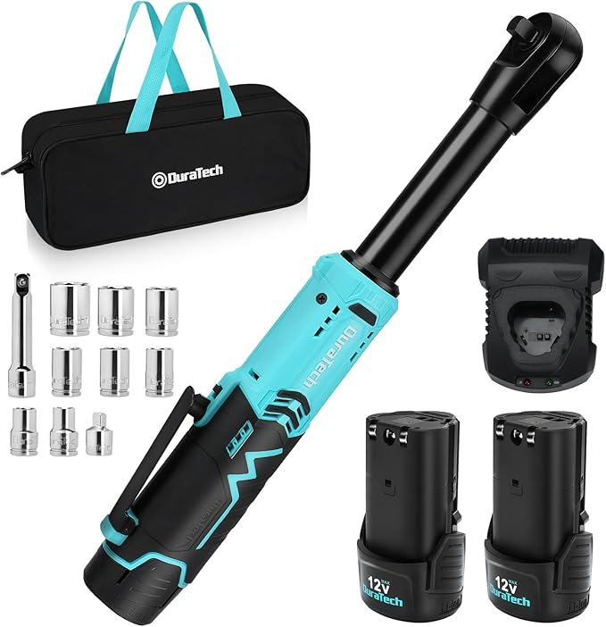 DURATECH Extended Cordless Ratchet Wrench, 3/8" 12V 44 Ft-Lbs Long Neck Electric Ratchet Wrench with 2-Pack 2.0Ah Li-Ion Battery, 1 Hour Fast Charger, 10 Sockets Accessories & Variable Speed Trigger