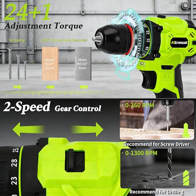 Brushless Drill Tool Set,20V Cordless Drill Tool Box with 2.0Ah Battery,50N.m & 24+1 Gear 3/8" Keyless Metal Self-locking Chuck Handheld Tool Drills Kit,Taladro Inalámbrico for Home Repair Set