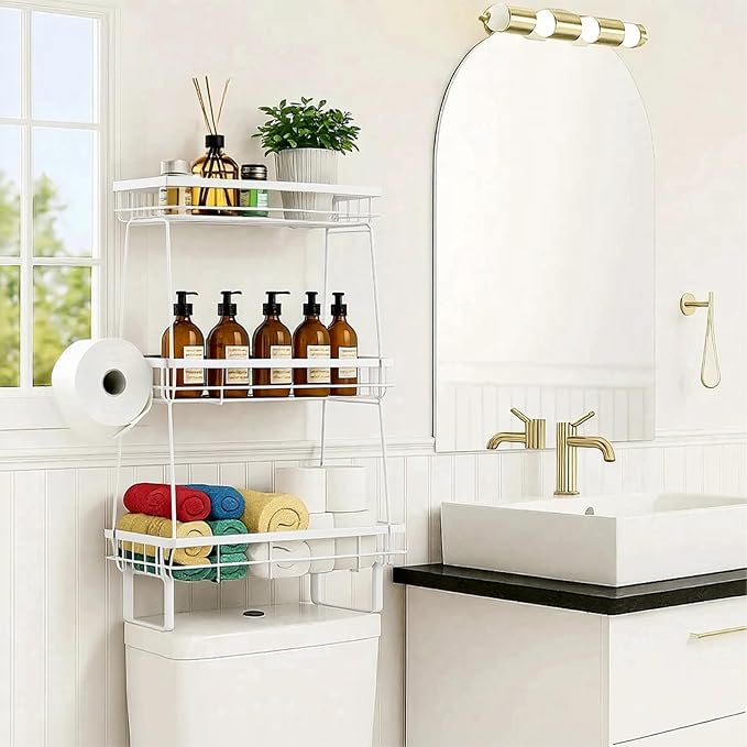 PowerKing Over The Toilet Storage Shelf, 3 Tier Bathroom Organizer Rack, No-Drill, Rust-Resistant Steel, Toilet Paper Holder for Restroom Bathroom, White