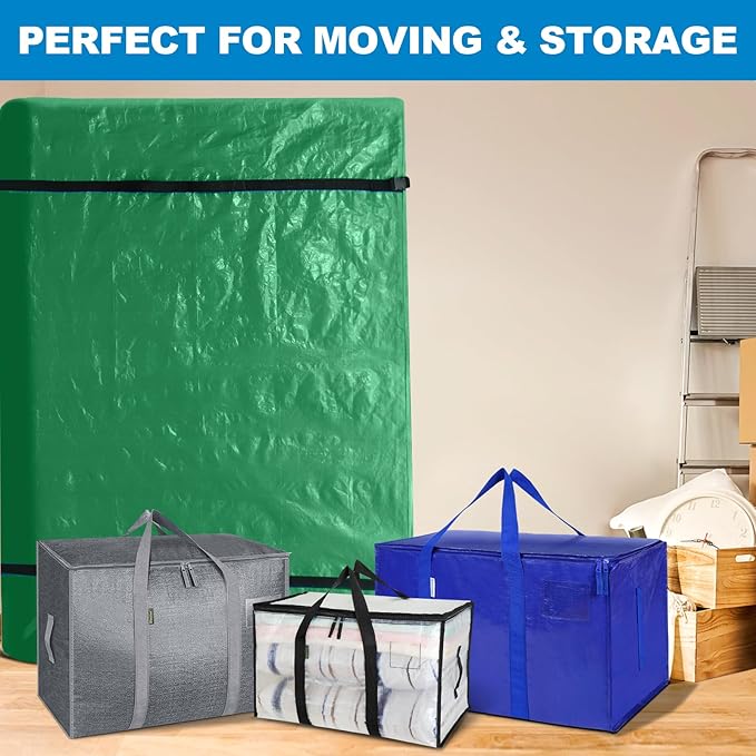 TICONN Mattress Bags for Moving, Heavy Duty Twin Mattress Cover Storage Bag with Full-Around Handle and Adjustable Buckles (Green, Twin)