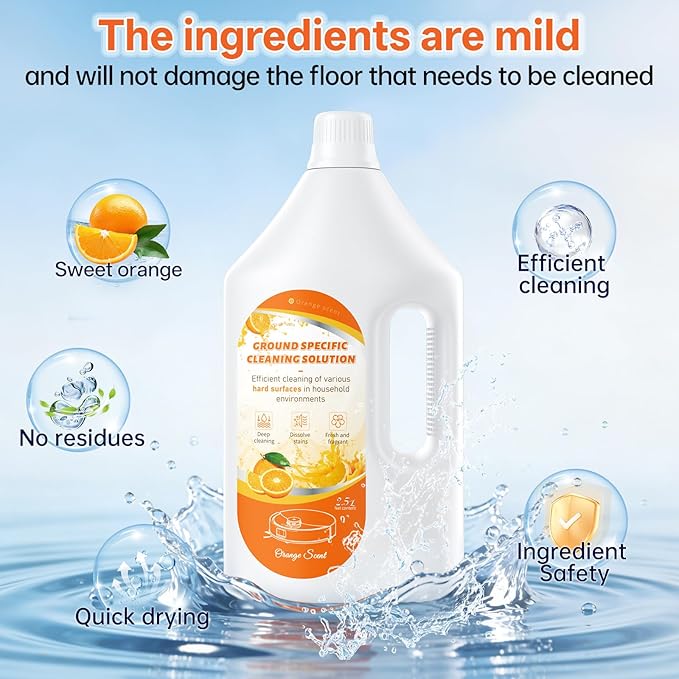 Floor Cleaning Solution Orange Scent, Compatible with Roborock Cleaning Solution Quick Drying Without Residue Suitable for All Robot Vacuums and Wet Dry Dual-Use Vacuum Cleaners (2.5 L, Orange)