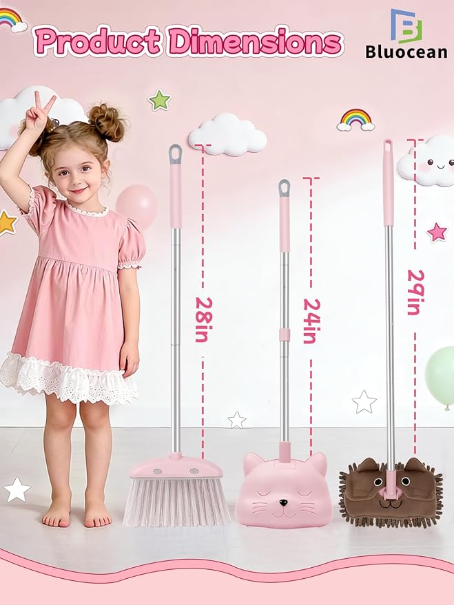 28'' Kids Mini Broom with Dustpan & Mop Set - Toddler Cleaning Toy, Toddler Household Helper, Parent-Child Interactive Play Cleaning Tool, Cute Cartoon Design, Small Safe Corner Broom (Pink)