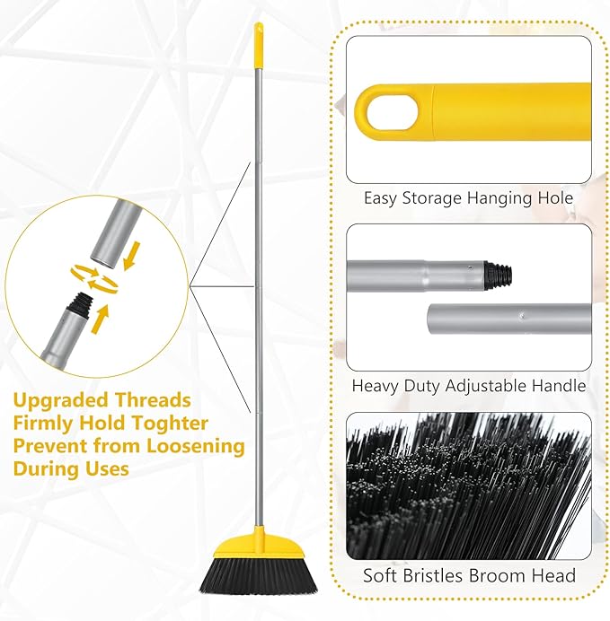 Broom for Hardwood Floors Indoor Sweeping Brooms with Soft Bristles and 55” Long Handle for Tile Laminate Deck Hard Floor Cleaning-Yellow