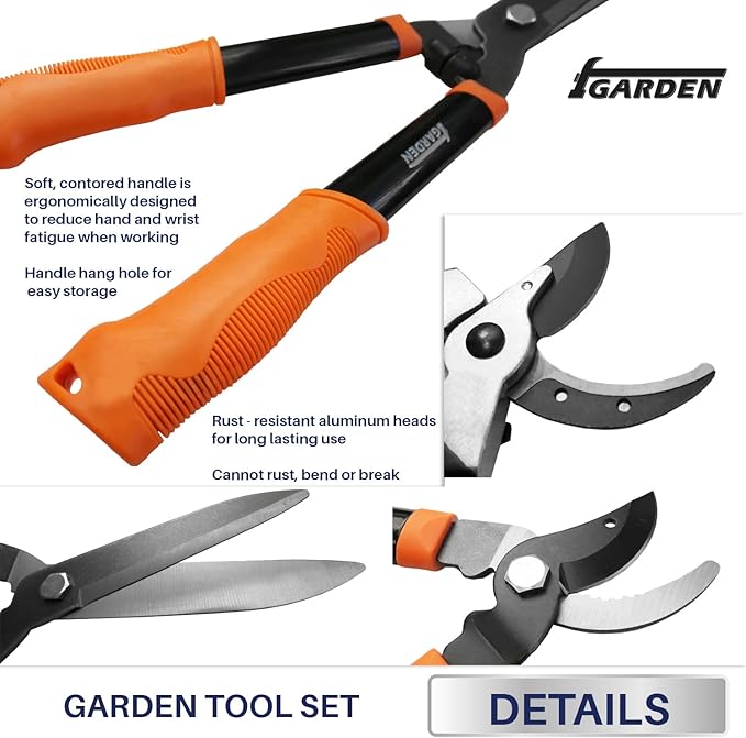 iGarden 3 Piece Combo Garden Tool Set with Lopper, Hedge Shears and Pruner Shears, Tree & Shrub Care Kit