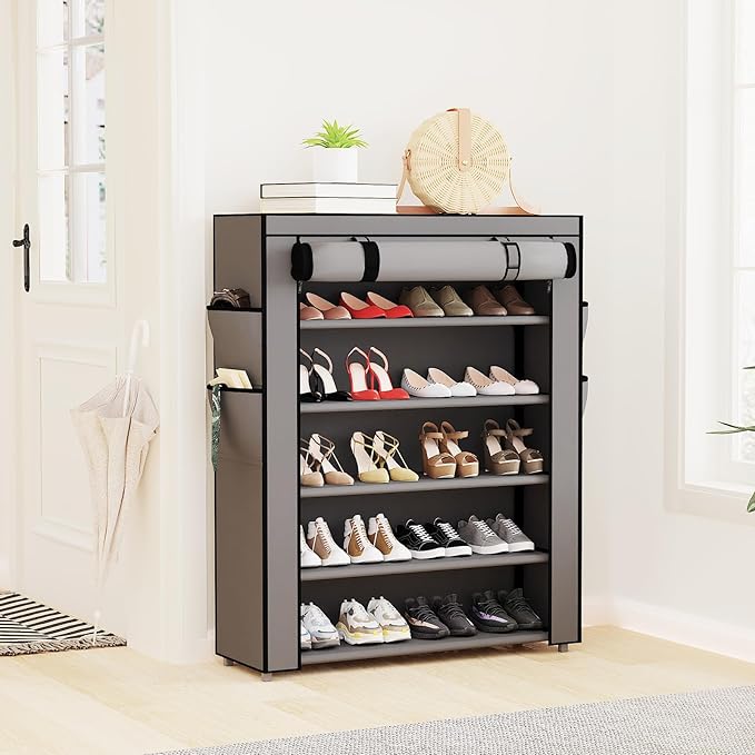 Mavivegue Shoe Rack with Cover, 5 Tier Shoe Organizer for Entryway, Shoe Storage for Front Door Entrance, Closet, Garage, Grey