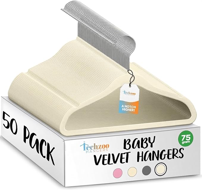 TechZoo 50 Premium Baby Velvet Hangers - 11.8" Non-Slip, Ultra-Slim Space-Saving Children Closet Hangers - 360° Swivel Hook, Strong & Durable Infant & Toddler Clothes Hangers for Wardrobe - Ivory