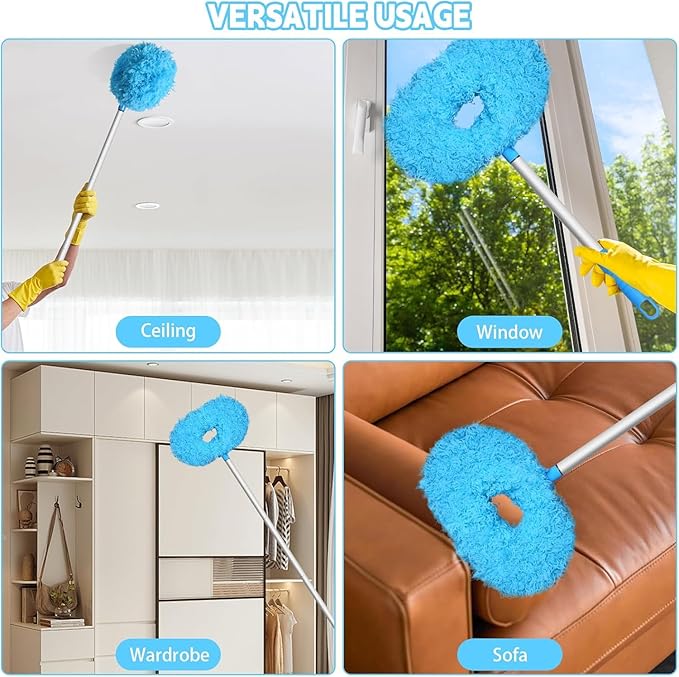 Eunice 2 Dusters Heads Ceiling Fan Duster with Extension Pole - Adjustable and Removable Fan Cleaner Blade for High Ceiling, Window Door Furniture (Blue)