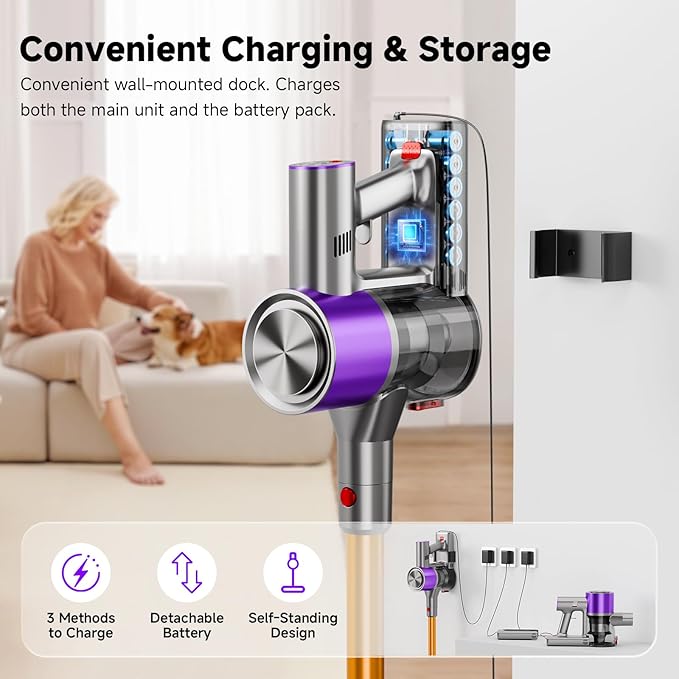 Clinkal Cordless Stick Vacuum Cleaner, 38Kpa Powerful Suction Vacuum Cleaner with LED Headlight, Detachable Battery, 8-in-1 Lightweight Handheld Vacuums for Pet Hair Carpet and Hardwood Floor, Purple
