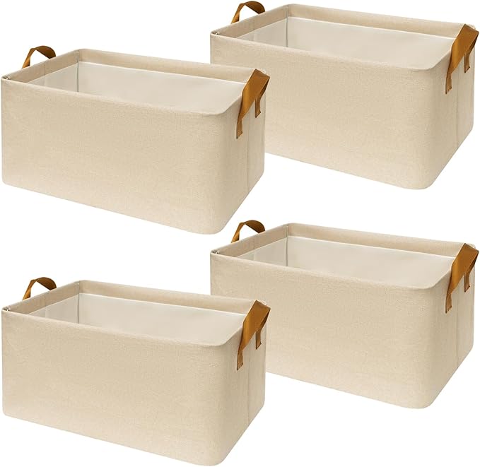 SNWDN 4 Pack Closet Cloth Storage Bins for Shelves, Medium Storage Baskets for Shelves, Fabric Bins for Closet organization with Handles（ Beige 15''L x 10''W x 8''H）