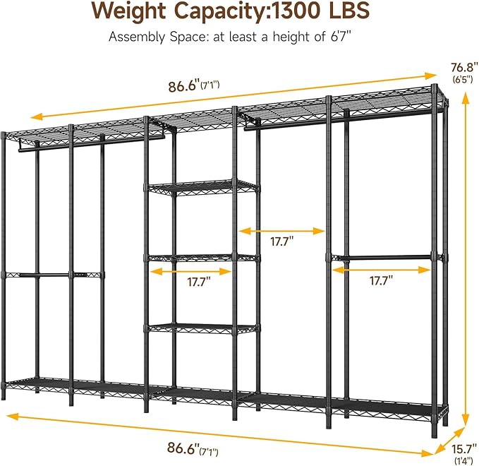 ONBRILL F5 Extra Large Industrial Pipe Clothing Rack, Freestanding Portable Closet Organizer System with Shelves & Hanging Rods, 88.6'' Wide Heavt Duty Clothes Rack, Max Load 1300lbs, Black