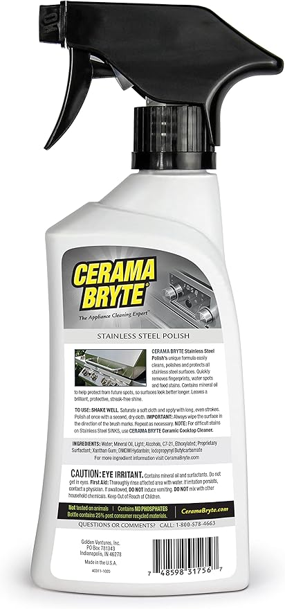 Cerama Bryte Stainless Steel Polish Spray, Streak-Free Shine, Clean and Protect, High Strength Formula. 16 Fl Oz (Pack of 1)