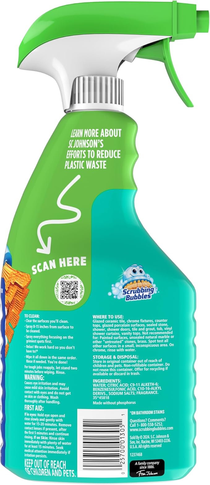Scrubbing Bubbles Easy Clean Foaming Bleach-Free Bathroom All Purpose Cleaner, Fast-Acting Foam Cleans Limescale, Dirt and Grime on Showers, Sinks, Toilets, Tiles, Counters, & More, 32oz Spray