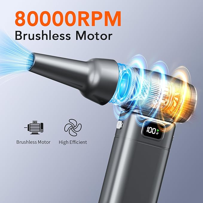 Compressed Air Duster, Electric Air Duster with 6-Gear Adjustable Speed & 6000mAh Battery, LED Light for Effortless Cleaning of Computer, Keyboard, Camera, Car, Home Office (Up to 80,000 RPM)