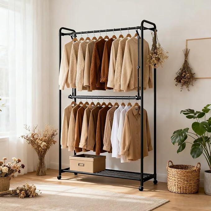 Hanging Closet Rods, Adjustable Height & Width Closets Bar Lower Extender for Hanging Clothes, Heavy Duty Hanging Bars for Clothing Storage and Organizer, Space-Saving & Expandable Double Closet Rod