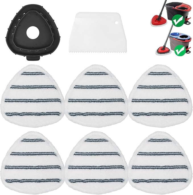 Flat Mop Head Replacements, Microfiber Mopping Pads Refills, 6-Pack Spin Mop Pads + 1 Plastic Pad &1 Scrape for Floor, Wall & Ceiling Cleaning - Fits EasyWring & RinseClean Systems