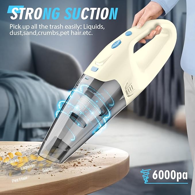 FUOAYOC Handheld Vacuum Cordless,Car Cordless Rechargeable, 6KPA Powerful Suction Hand Held Vacuum with LED Light/Multi Accessories, 1.6lbs Mini Portable Vacuum Cleaner for Home/Car/Office Cleaning