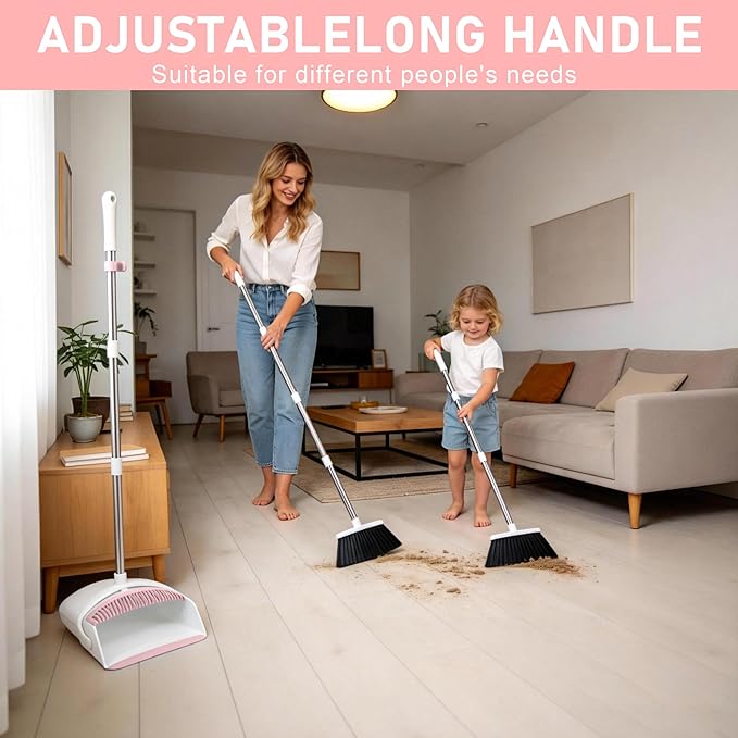 Broom with Dustpan Combo Set for Home 54-in Long Adjustable Handle Angle Broom and Dustpan Set with Dustpan Comb Teeth for Sweeping Pet Hair Food Dirt Kitchen