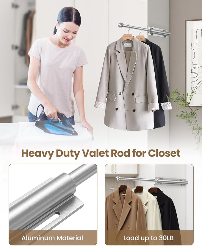 Supforce Valet Rod for Closet Pull Out, Retractable Slide Out Valet Rod Closet Organization, 12" Aluminum Valet Clothing Hanger Rods Perfect for Suits, Freshly Pressed Clothes, Matte Silver